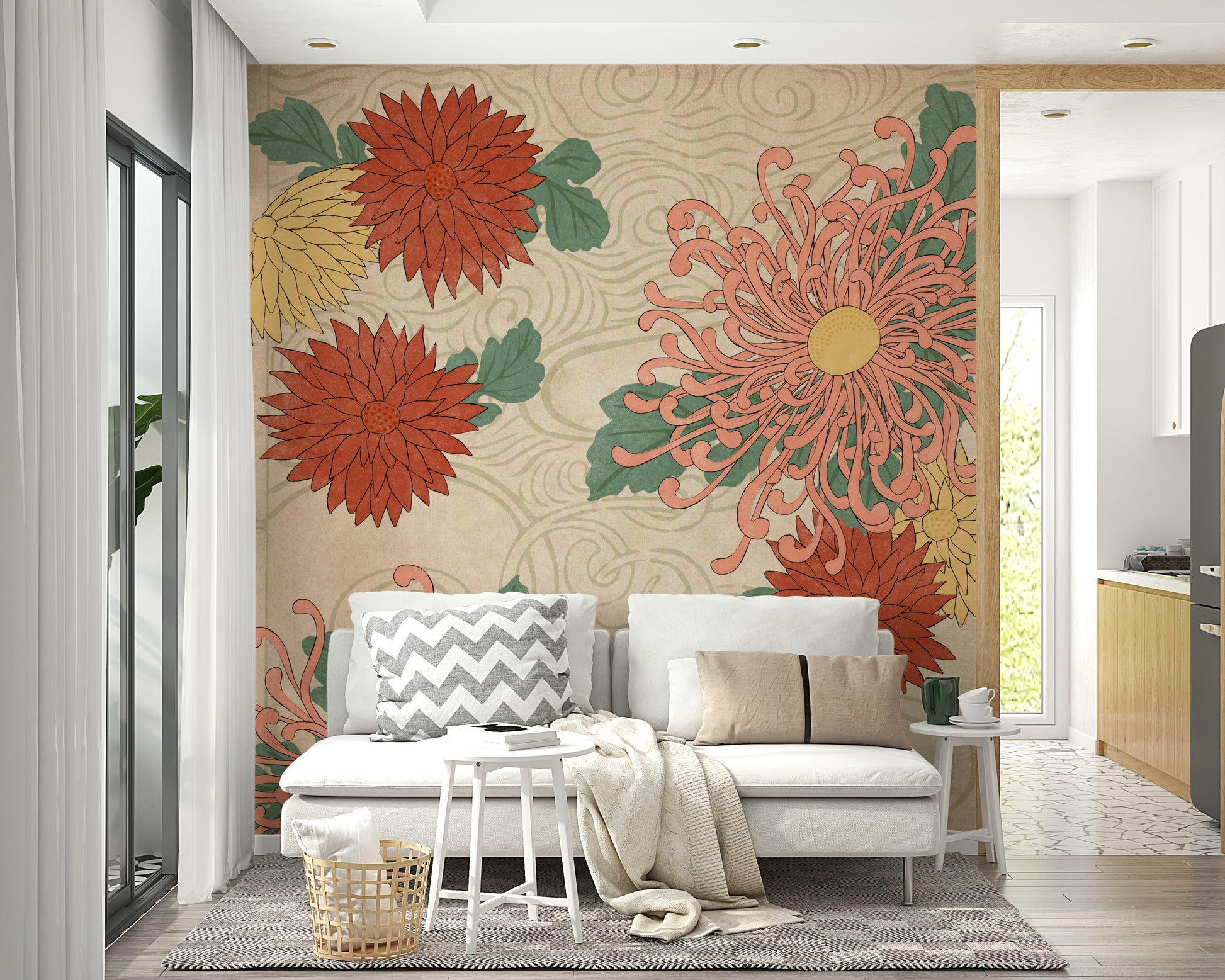 Wall mural featuring chrysanthemum blooms and patterns

