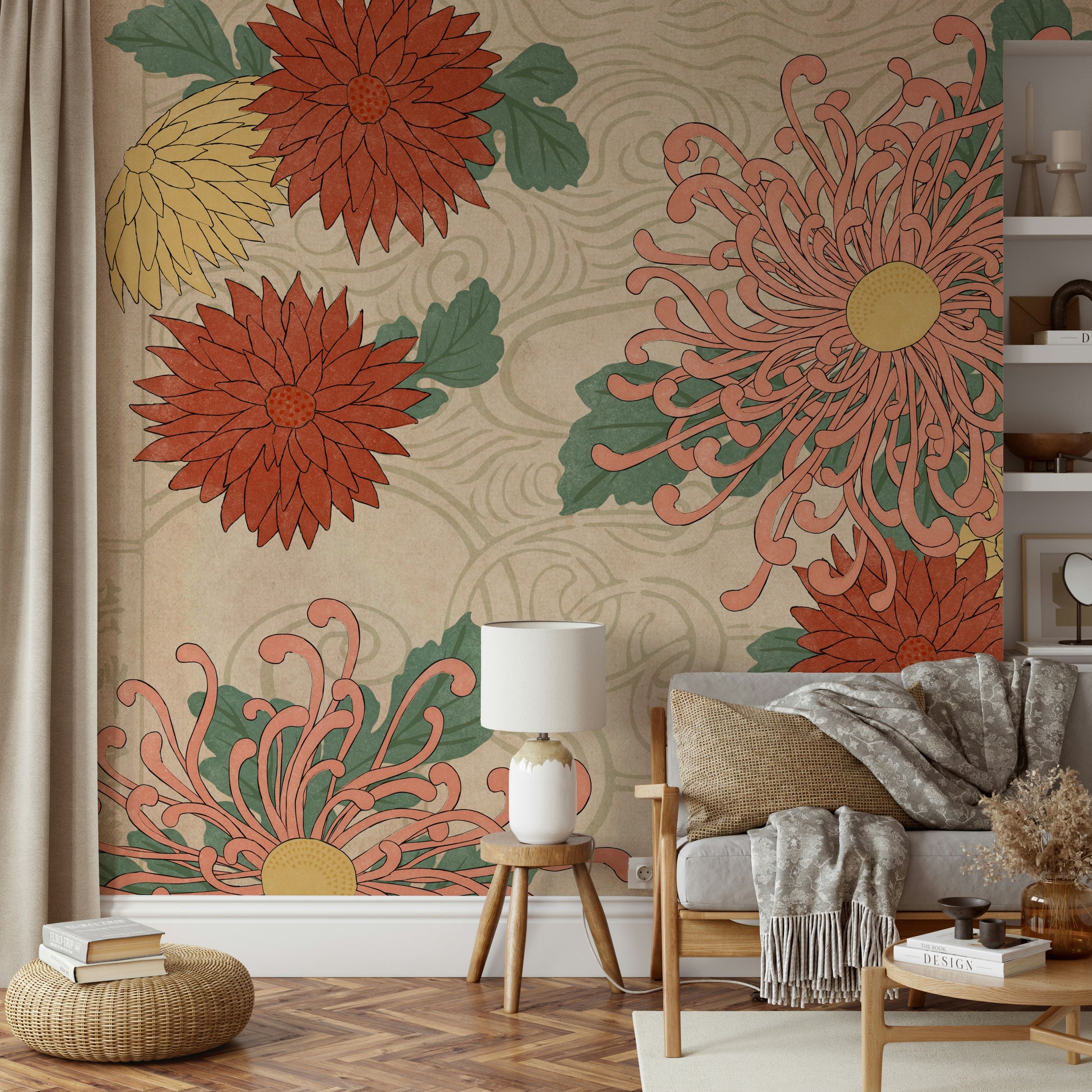 Hand-painted chrysanthemum wallpaper with Asian influence

