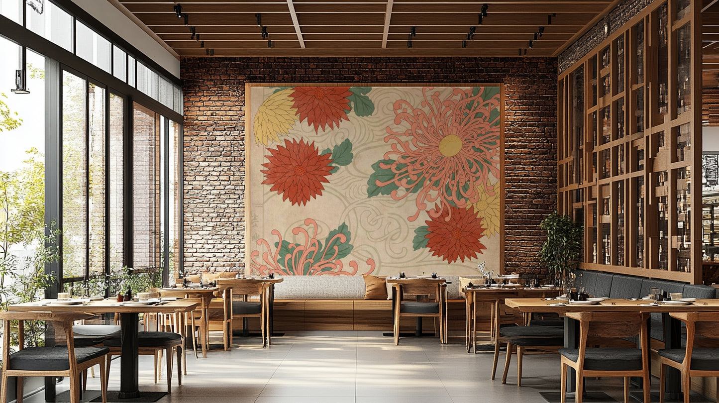 Oriental floral wall mural featuring chrysanthemums

