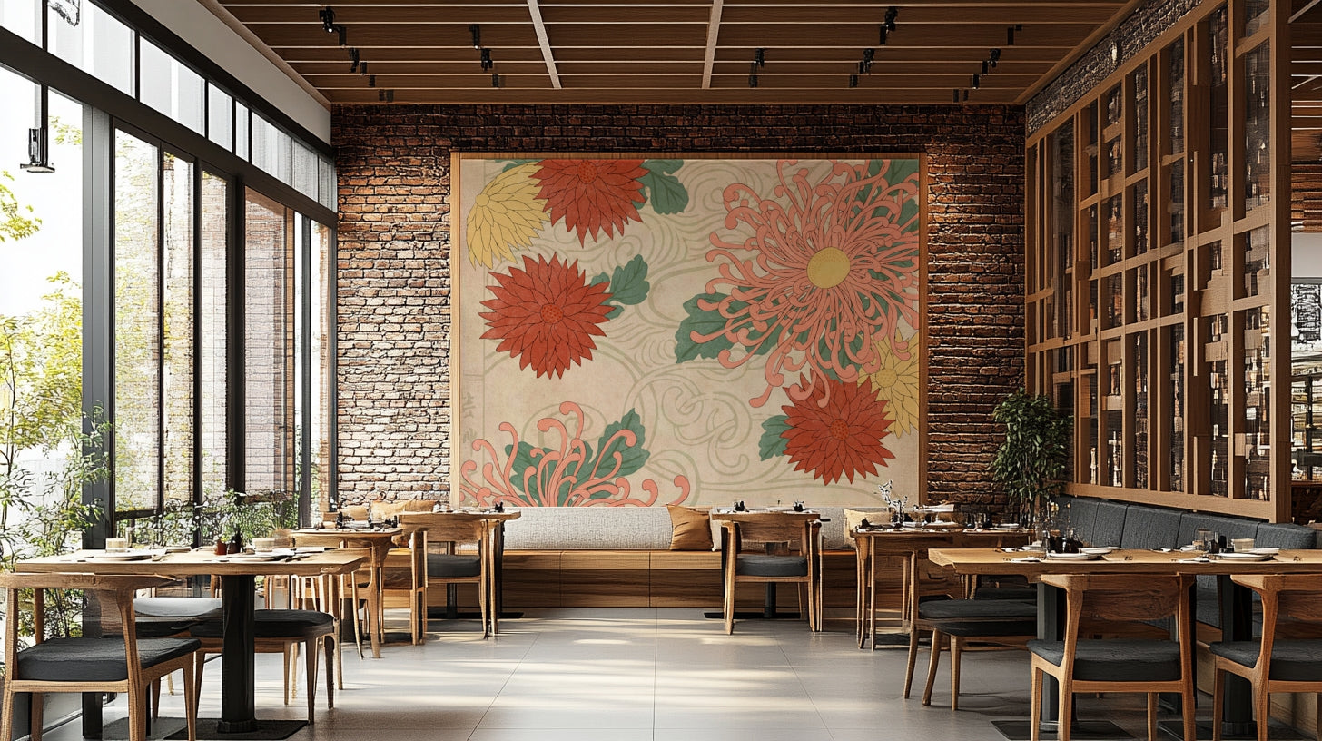 Oriental floral wall mural featuring chrysanthemums

