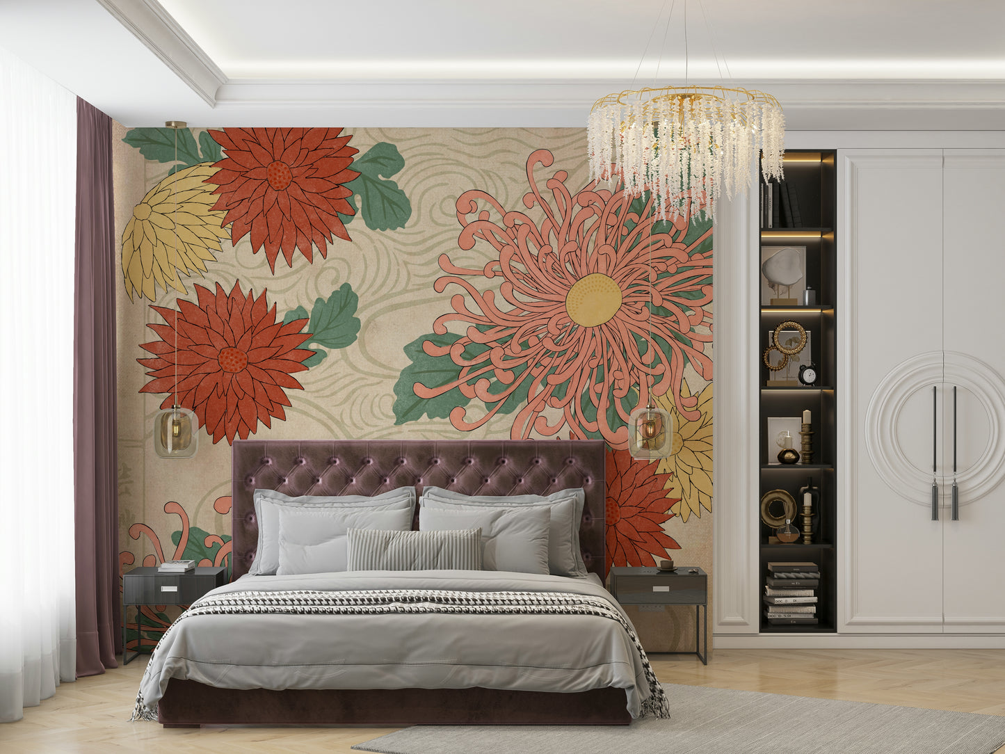 Elegant chrysanthemum mural in traditional Japanese style

