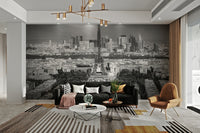 Cityscape wallpaper for walls showing Paris landmarks in grayscale

