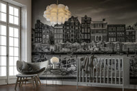 Floating floral stalls with graffiti in grayscale wallpaper

