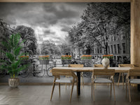 Reflections of Dutch canal houses in calm water mural wallpaper

