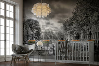 Urban Amsterdam wallpaper mural with canal and reflections

