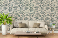 Non‑woven mural showing various fish in sea‑green outlines

