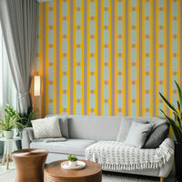 Curved yellow dash shapes over white mural wallpaper

