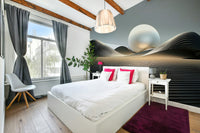 Smooth dune curves in muted mauve and navy gradient mural

