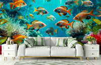 School of orange and gold fish in ocean wallpaper mural

