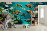 Turquoise water background with vibrant marine life mural

