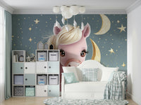 Dreamy pony illustration among clouds in starry wallpaper

