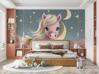 Child’s bedroom mural with pony, moon, and stars

