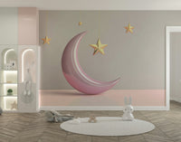 Soft pink night sky mural wallpaper in bedroom

