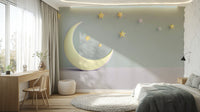 Cute bunny, lamb, fox floating among clouds in mural wallpaper

