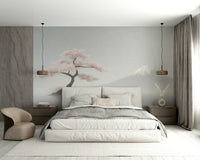 Close-up of delicate sakura flowers on light wallpaper

