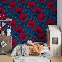 Blue cornflowers and red poppies pattern wallpaper close-up

