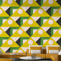 Mid-century yellow mural wallpaper with retro shapes


