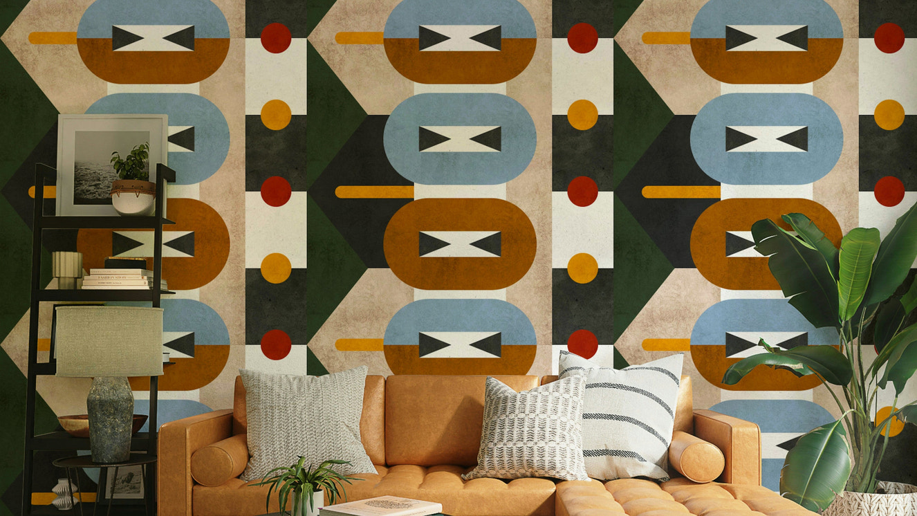 Terra Firma mural wallpaper with earthy geometric design

