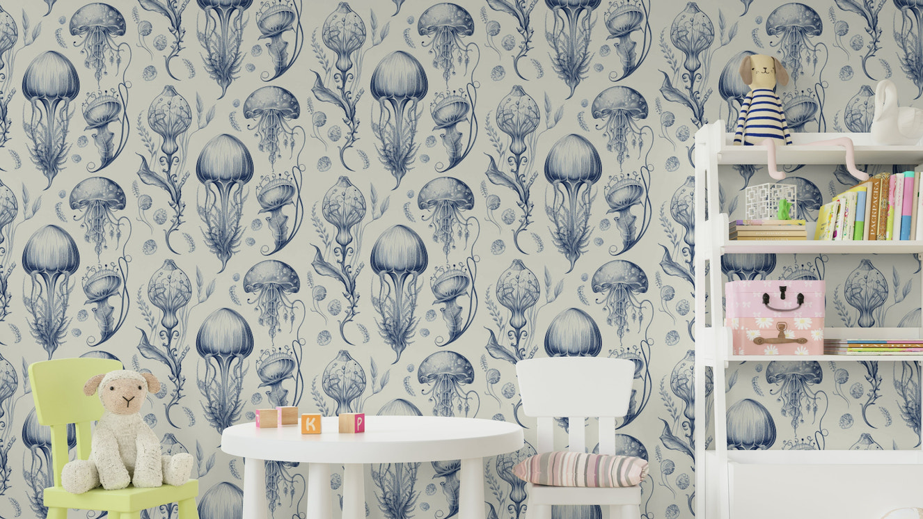 Fantastic Jellyfish - Delft Blue & Cream wallpaper for unique decor

