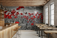 Idyllic field of poppies wall mural with bright sun

