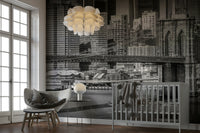 Manhattan skyline mural featuring Brooklyn Bridge

