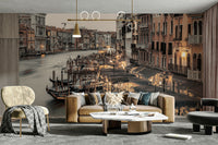 Gondolas floating along quiet Venice waterways

