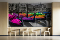 Colorful gondolas in Venice captured in modern mural design

