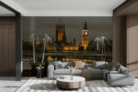 Bridge lights reflecting on the Thames in a dramatic wall mural

