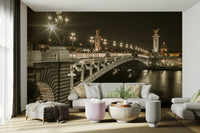 Stunning cityscape with bridge lights and reflections on water

