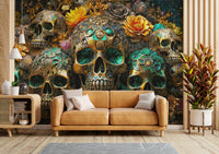 Golden Skulls & Floral Rhapsody Wall Mural with bold skulls and florals

