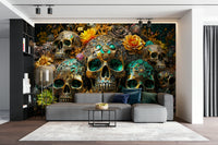 Gold detailing in skulls contrasted with vibrant flower patterns

