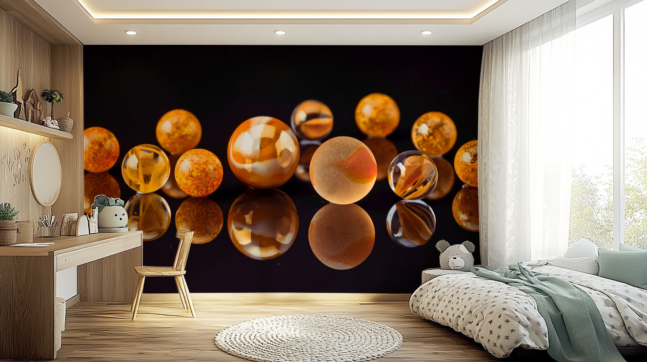 Marbles on black mural wallpaper
