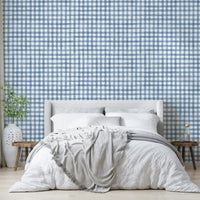 Classic check mural in navy and neutral tones
