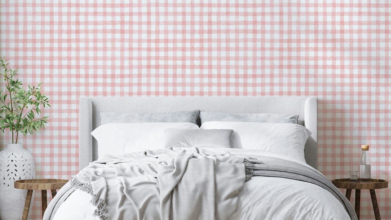 Rustic baby pink gingham wallpaper design
