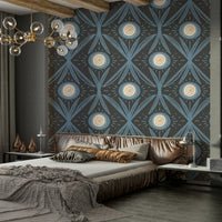 Close-up of dusty blue folk floral pattern
