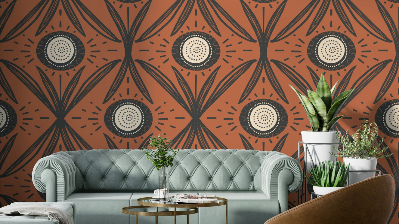 Folk Bloom Radiance Charcoal Terracotta wallpaper design

