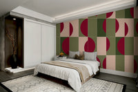 Semicircles in deep burgundy, muted green, and soft blush

