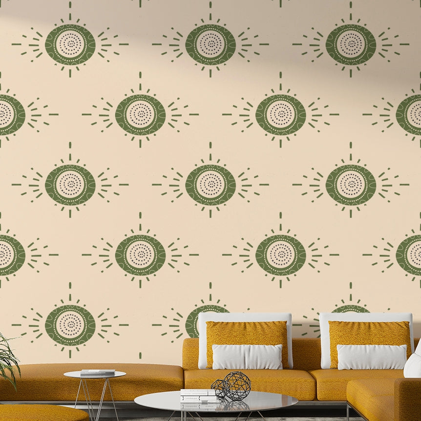 Elegant mid-century modern floral wallpaper with olive and cream tones

