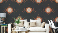 Folk Bloom Light Terracotta Charcoal Wallpaper with geometric floral motifs

