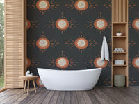 Elegant mid-century modern floral wallpaper in terracotta and charcoal

