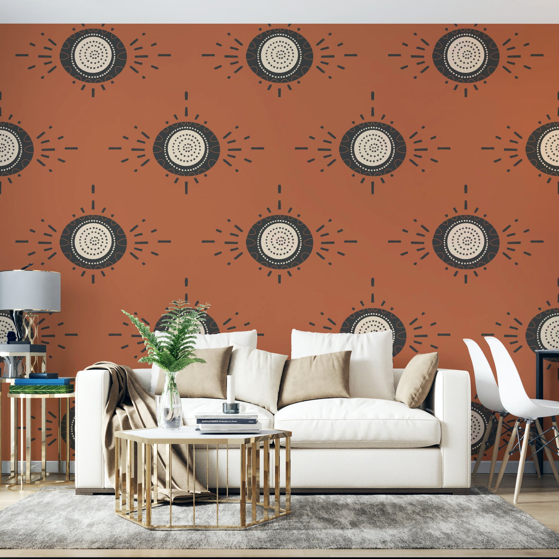 Scandinavian mid-mod floral design in terracotta and light charcoal

