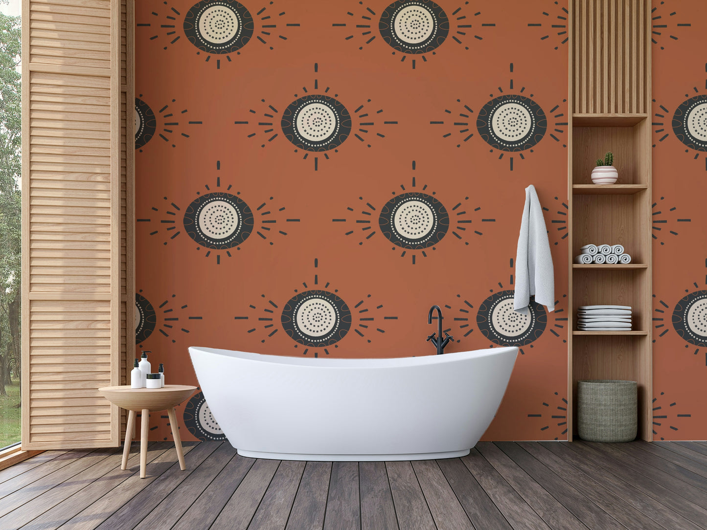Folk Bloom wallpaper combining earthy terracotta with muted charcoal

