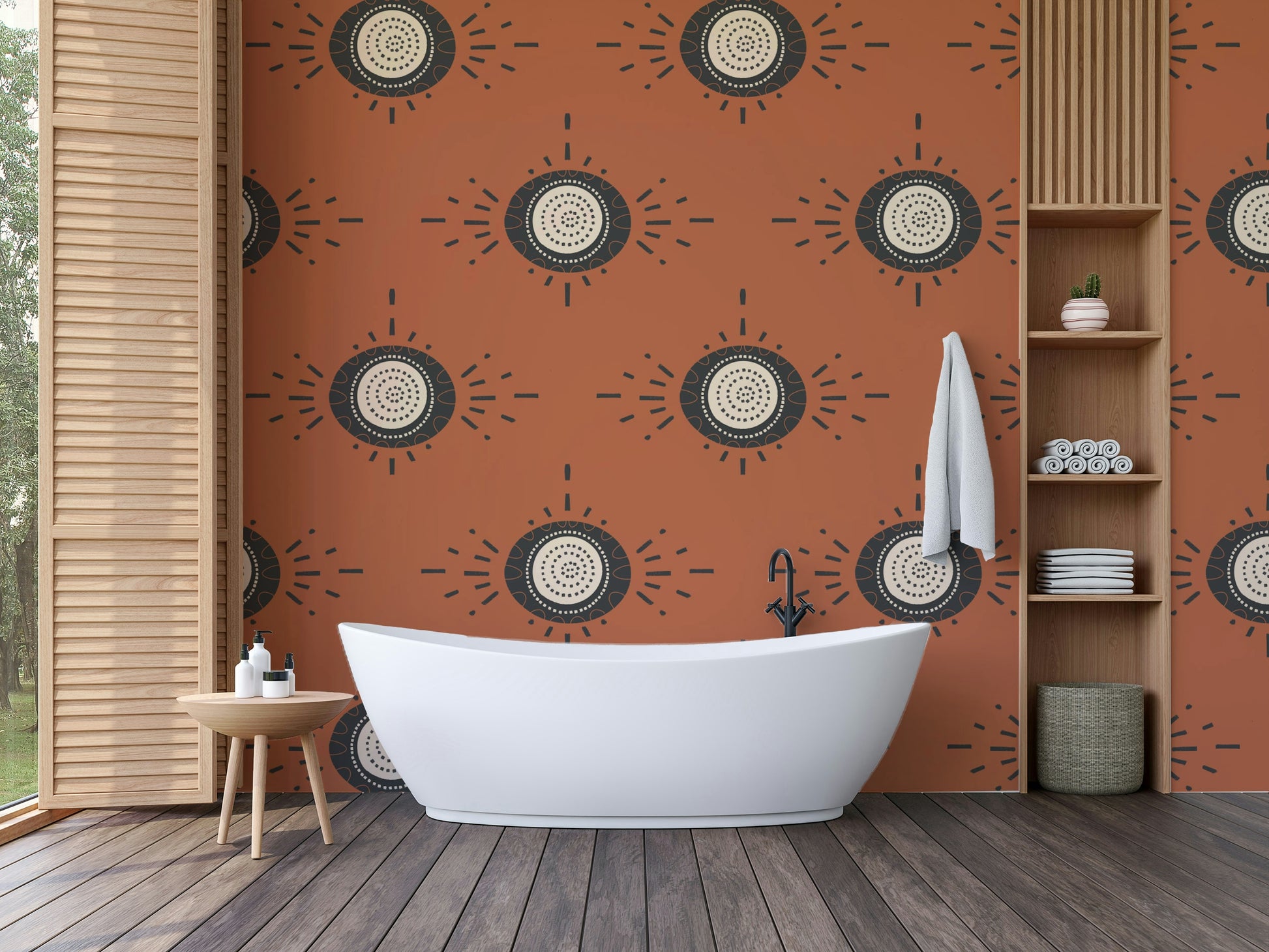 Folk Bloom wallpaper combining earthy terracotta with muted charcoal

