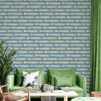 Light blue wallpaper with whimsical fish design for coastal-themed spaces

