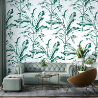 Detailed botanical patterns and stamp elements in the mural design

