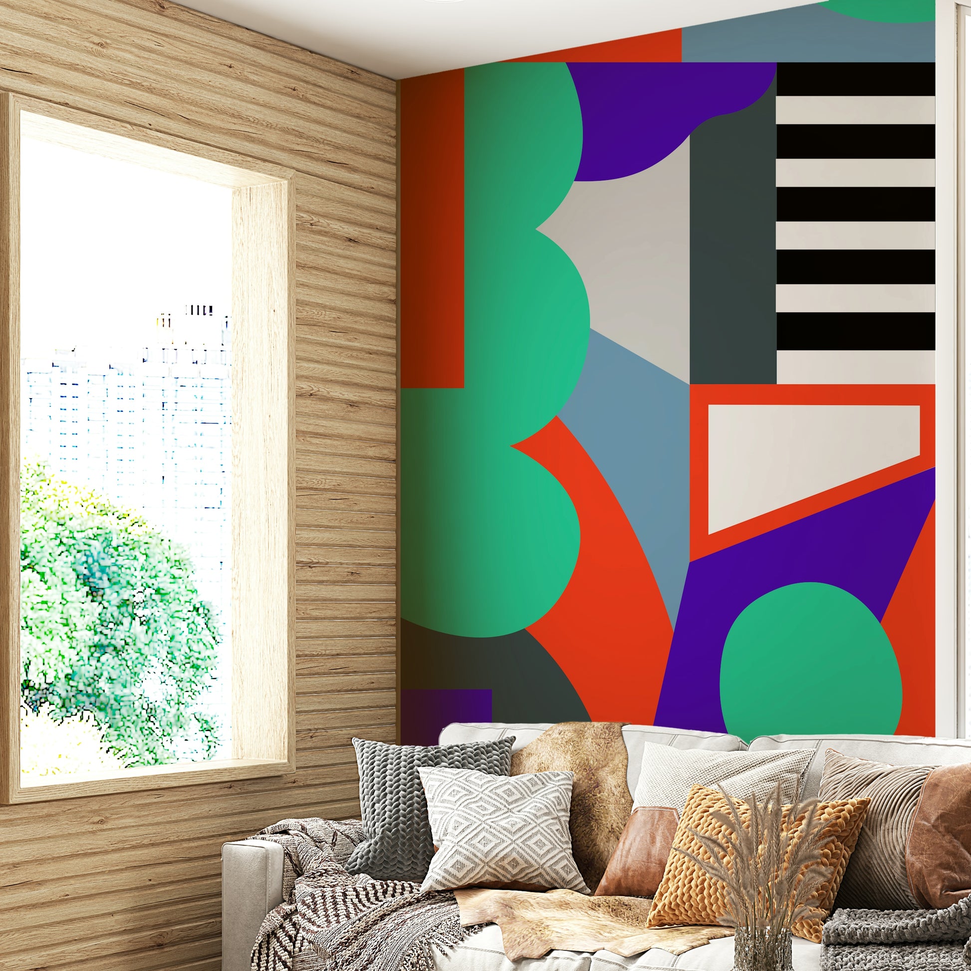 Geometric Echoes mural with striking patterns and vibrant color

