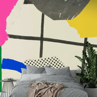 Joyful summer collage mural with bright beach and fruit designs

