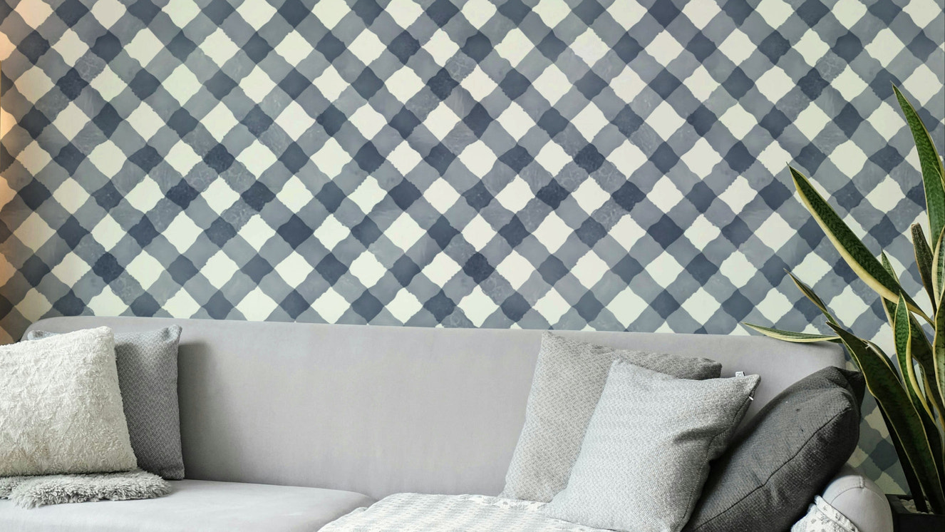 Hand-painted blue checkered wallpaper for a welcoming atmosphere

