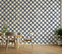 Unique hand-painted gingham design in soft blue for modern interiors

