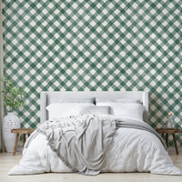 Rich dark green gingham wallpaper adding charm to living areas

